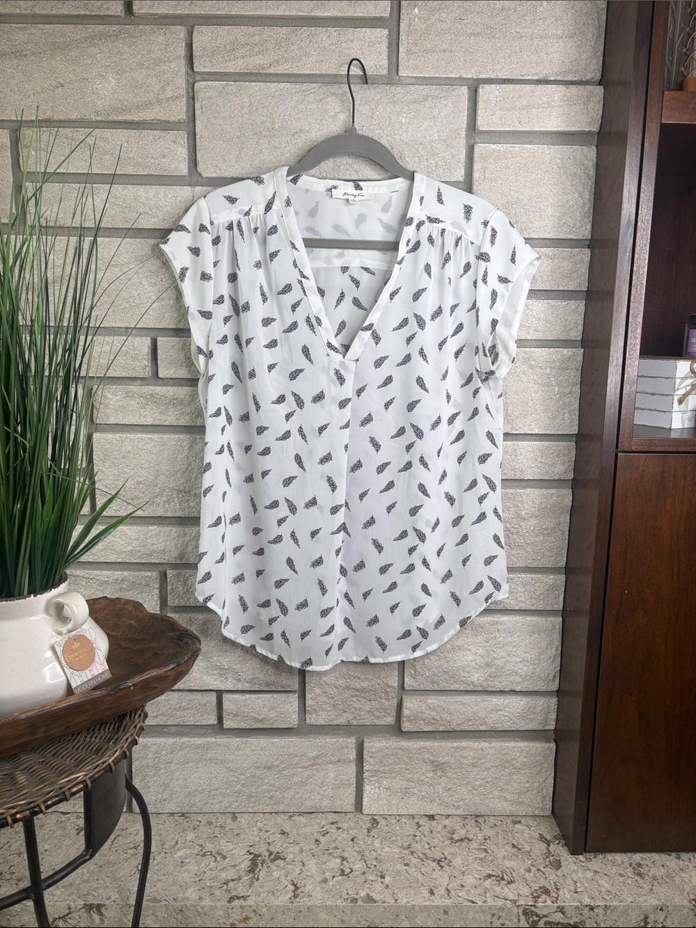 White V-Neck Short-Sleeve Blouse with Black Feather Print